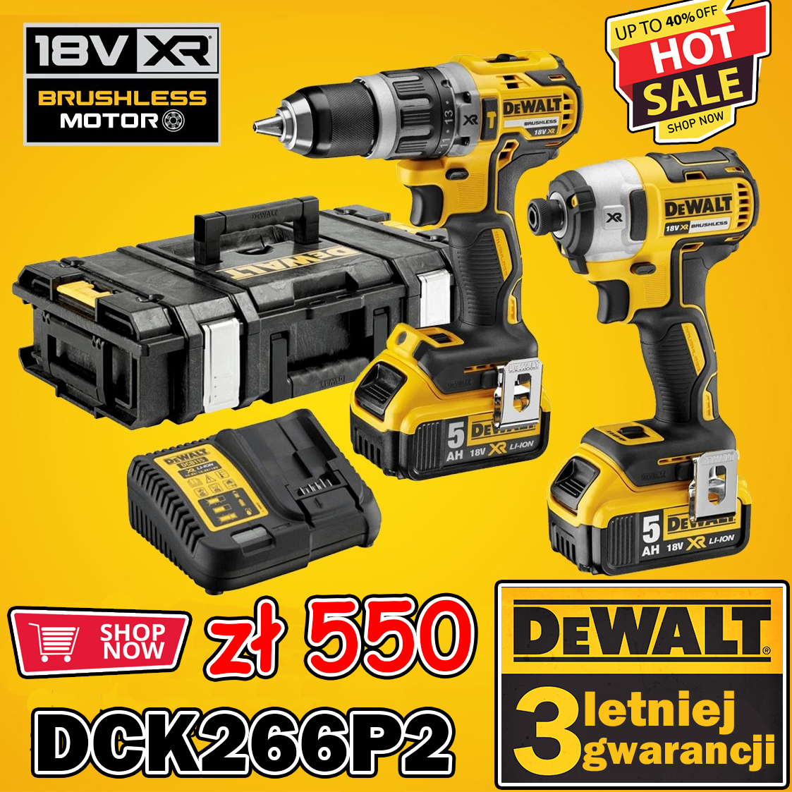 "Promocja DeWALT! Wszystkie produkty przecenione o co najmniej 30%! Zestaw DeWALT DCK266P2 tylko za 550 zł! Zamów teraz!"